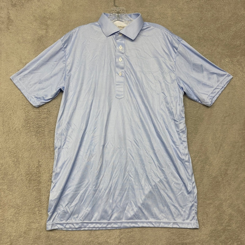 Collars & Co Polo Shirt Large Mens Blue Gingham Dress Collar Short Sleeve Golf